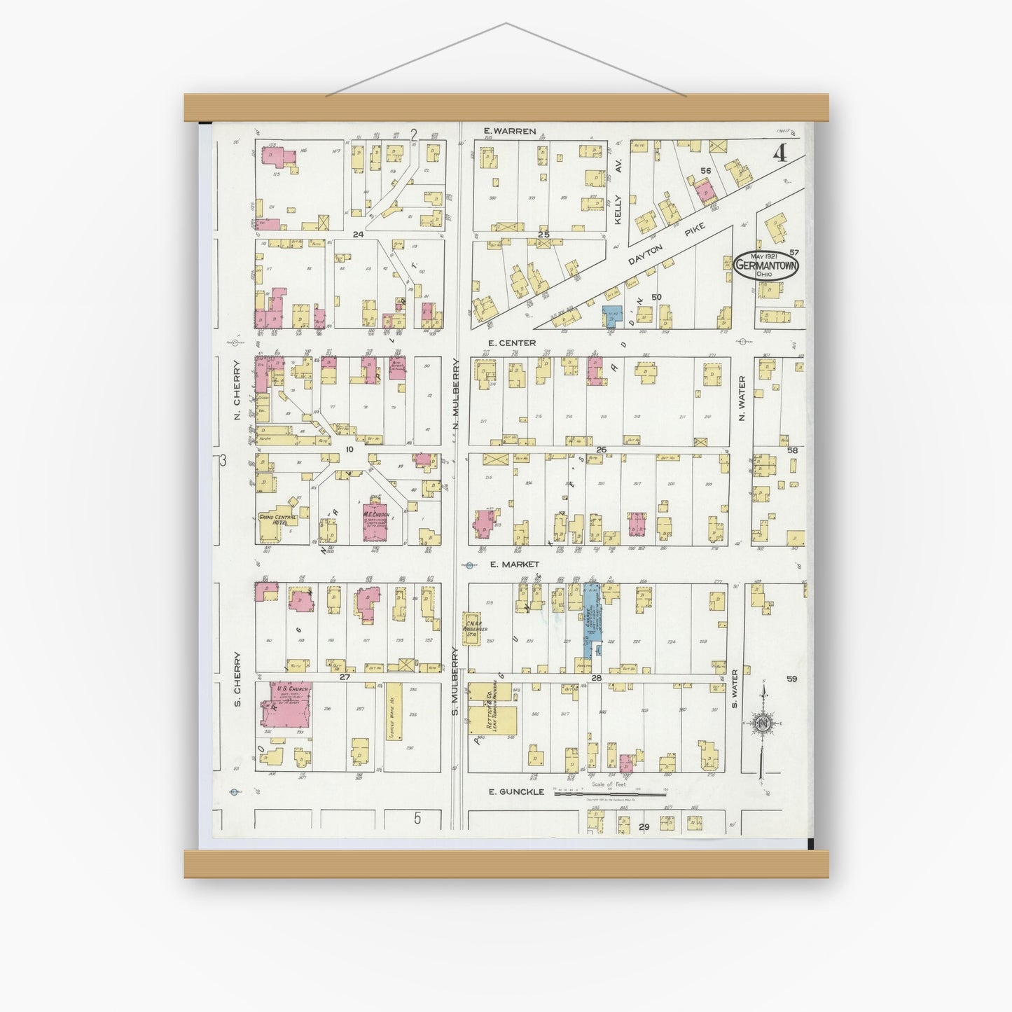 Old map wall art mockup — magnetic wood frame on white wall — Sanborn Fire Insurance Map from Germantown, Montgomery County, Ohio (1921), Sheet #0004