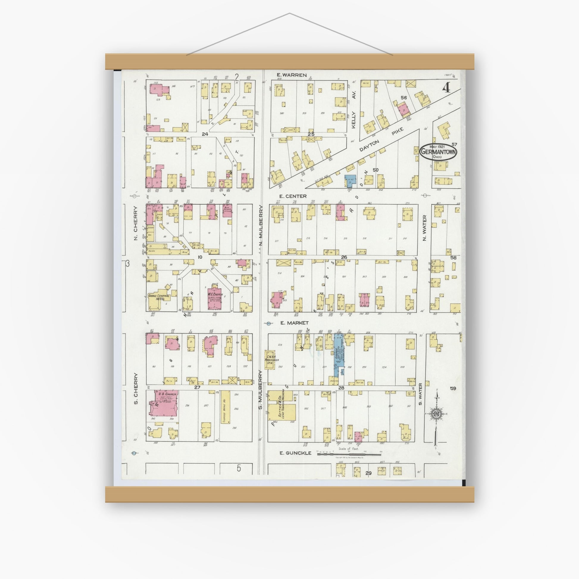 Old map wall art mockup — magnetic wood frame on white wall — Sanborn Fire Insurance Map from Germantown, Montgomery County, Ohio (1921), Sheet #0004