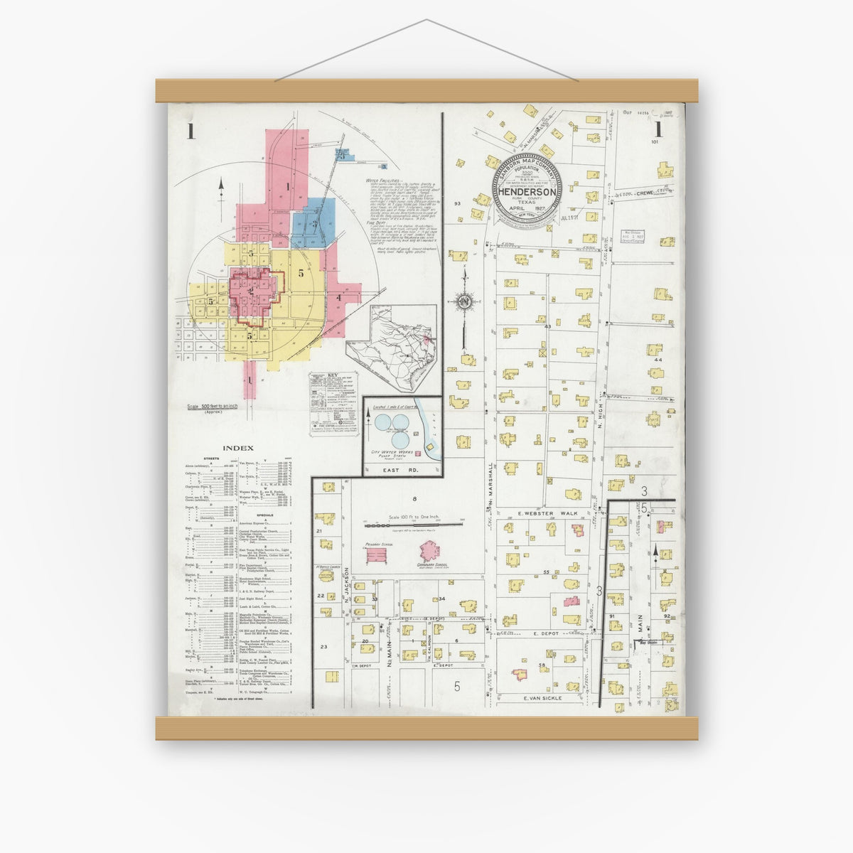 Old map wall art mockup — magnetic wood frame on white wall — Sanborn Fire Insurance Map from Henderson, Rusk County, Texas (1927) - Complete Map Set