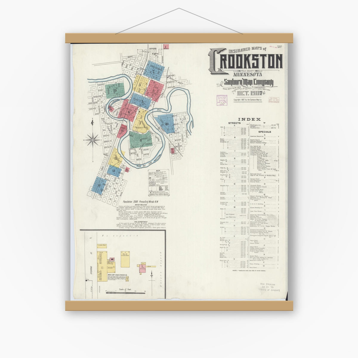 Old map wall art mockup — magnetic wood frame on white wall — Sanborn Fire Insurance Map from Crookston, Polk County, Minnesota (1906), Sheet #0001