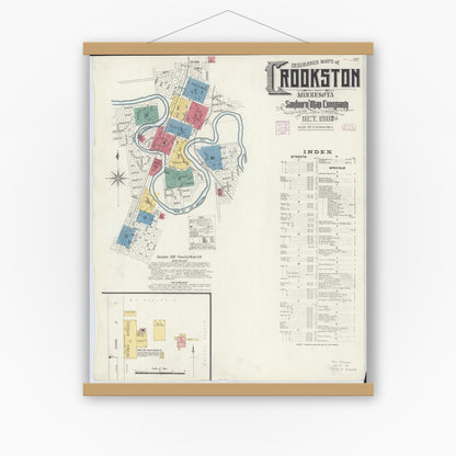 Old map wall art mockup — magnetic wood frame on white wall — Sanborn Fire Insurance Map from Crookston, Polk County, Minnesota (1906), Sheet #0001