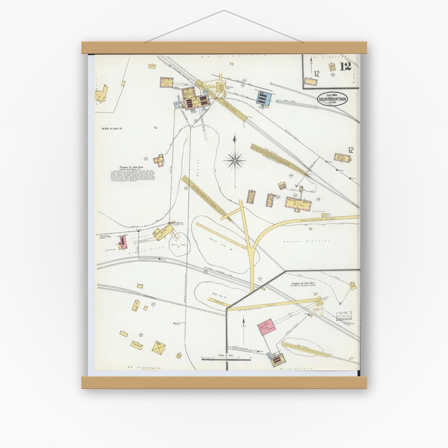 Old map wall art mockup — magnetic wood frame on white wall — Sanborn Fire Insurance Map from Iron Mountain, Dickinson County, Michigan (1904), Sheet #0012