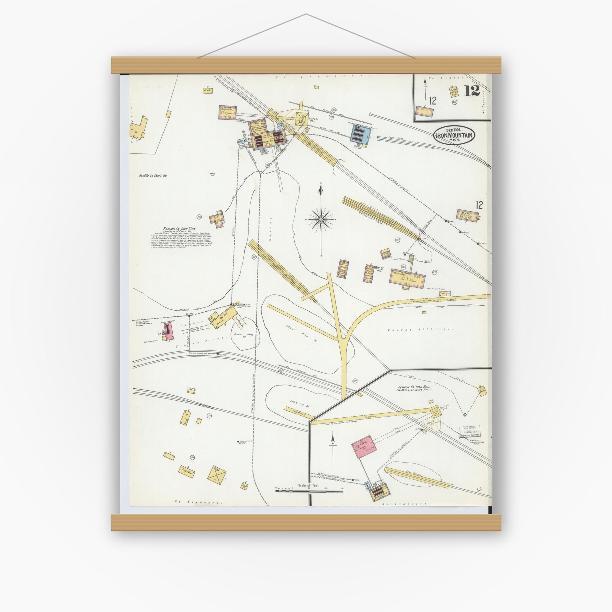 Old map wall art mockup — magnetic wood frame on white wall — Sanborn Fire Insurance Map from Iron Mountain, Dickinson County, Michigan (1904), Sheet #0012