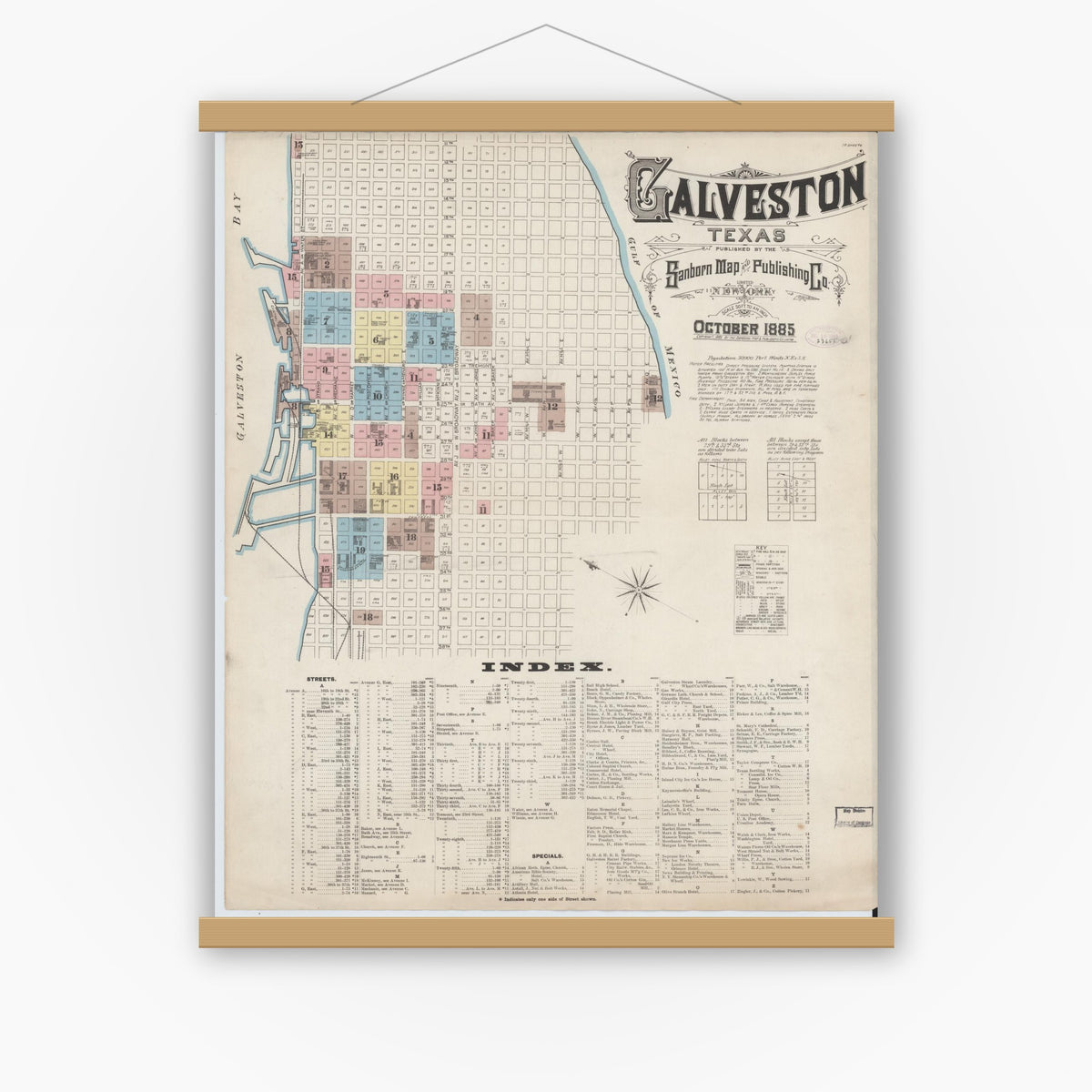 Old map wall art mockup — magnetic wood frame on white wall — Sanborn Fire Insurance Map from Galveston, Galveston County, Texas (1885) - Complete Map Set