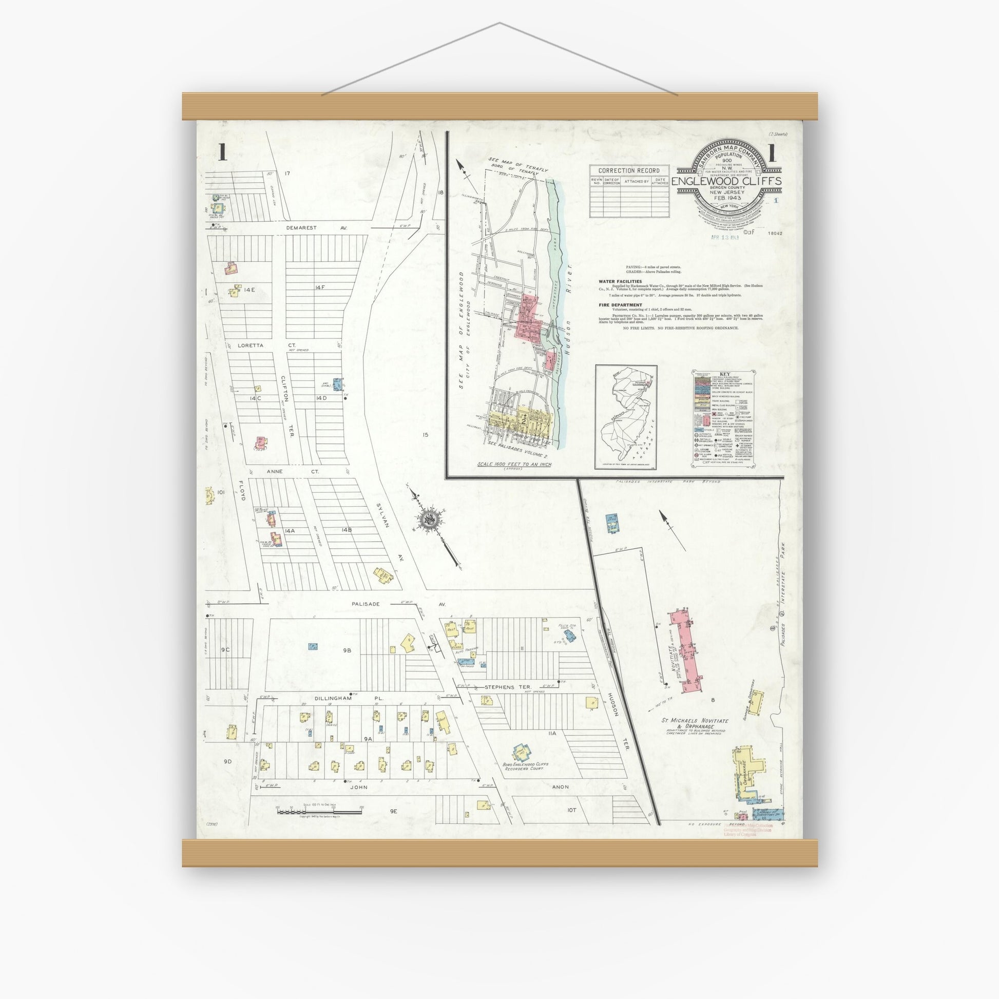 Old map wall art mockup — magnetic wood frame on white wall — Sanborn Fire Insurance Map from Englewood Cliffs, Bergen County, New Jersey (1943) - Complete Map Set