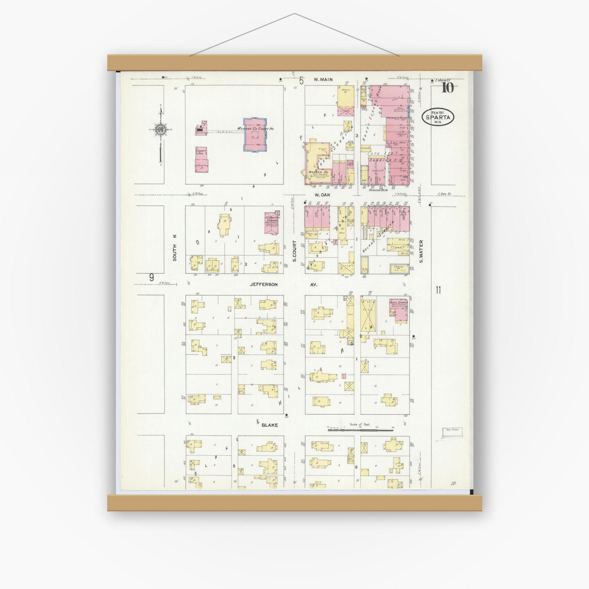 Old map wall art mockup — magnetic wood frame on white wall — Sanborn Fire Insurance Map from Sparta, Monroe County, Wisconsin (1911), Sheet #0010