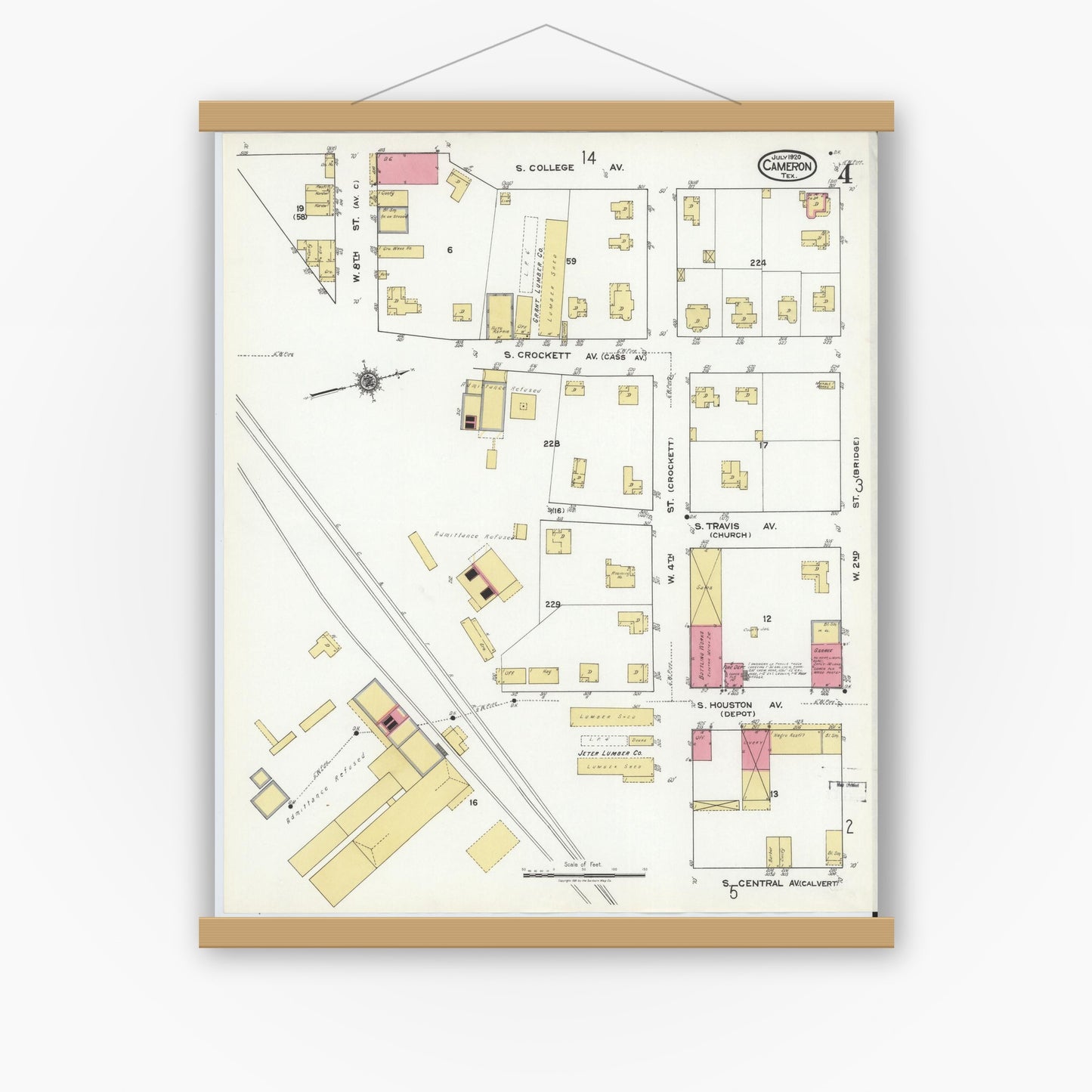 Old map wall art mockup — magnetic wood frame on white wall — Sanborn Fire Insurance Map from Cameron, Milam County, Texas (1920), Sheet #0004