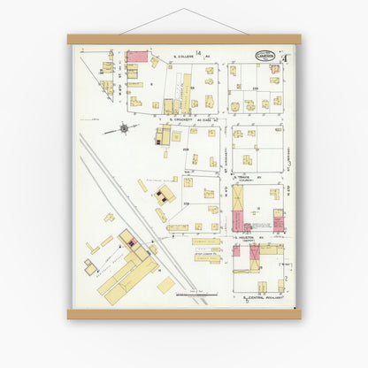 Old map wall art mockup — magnetic wood frame on white wall — Sanborn Fire Insurance Map from Cameron, Milam County, Texas (1920), Sheet #0004