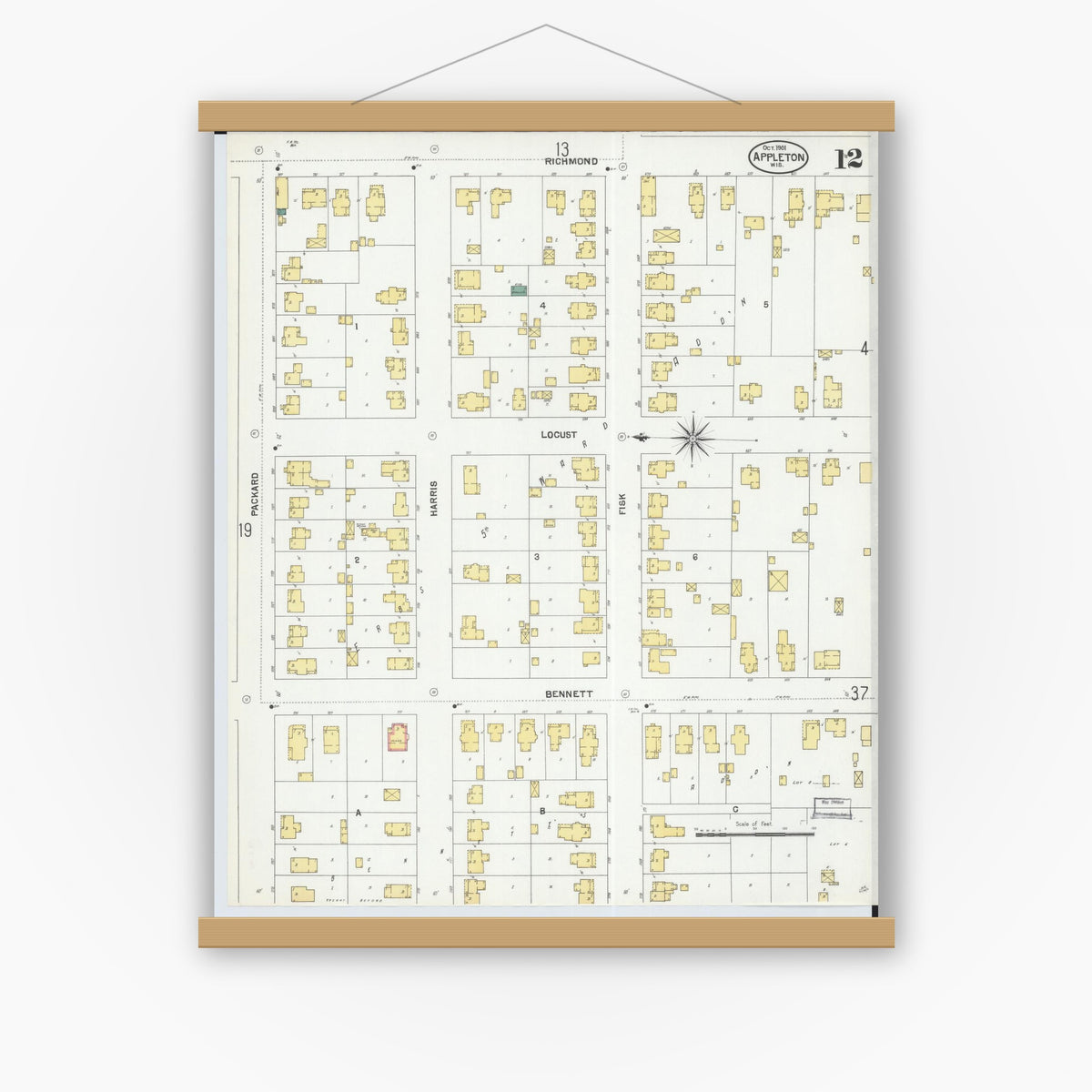 Old map wall art mockup — magnetic wood frame on white wall — Sanborn Fire Insurance Map from Appleton, Outagamie County, Wisconsin (1901), Sheet #0012