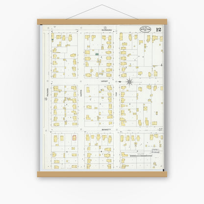 Old map wall art mockup — magnetic wood frame on white wall — Sanborn Fire Insurance Map from Appleton, Outagamie County, Wisconsin (1901), Sheet #0012