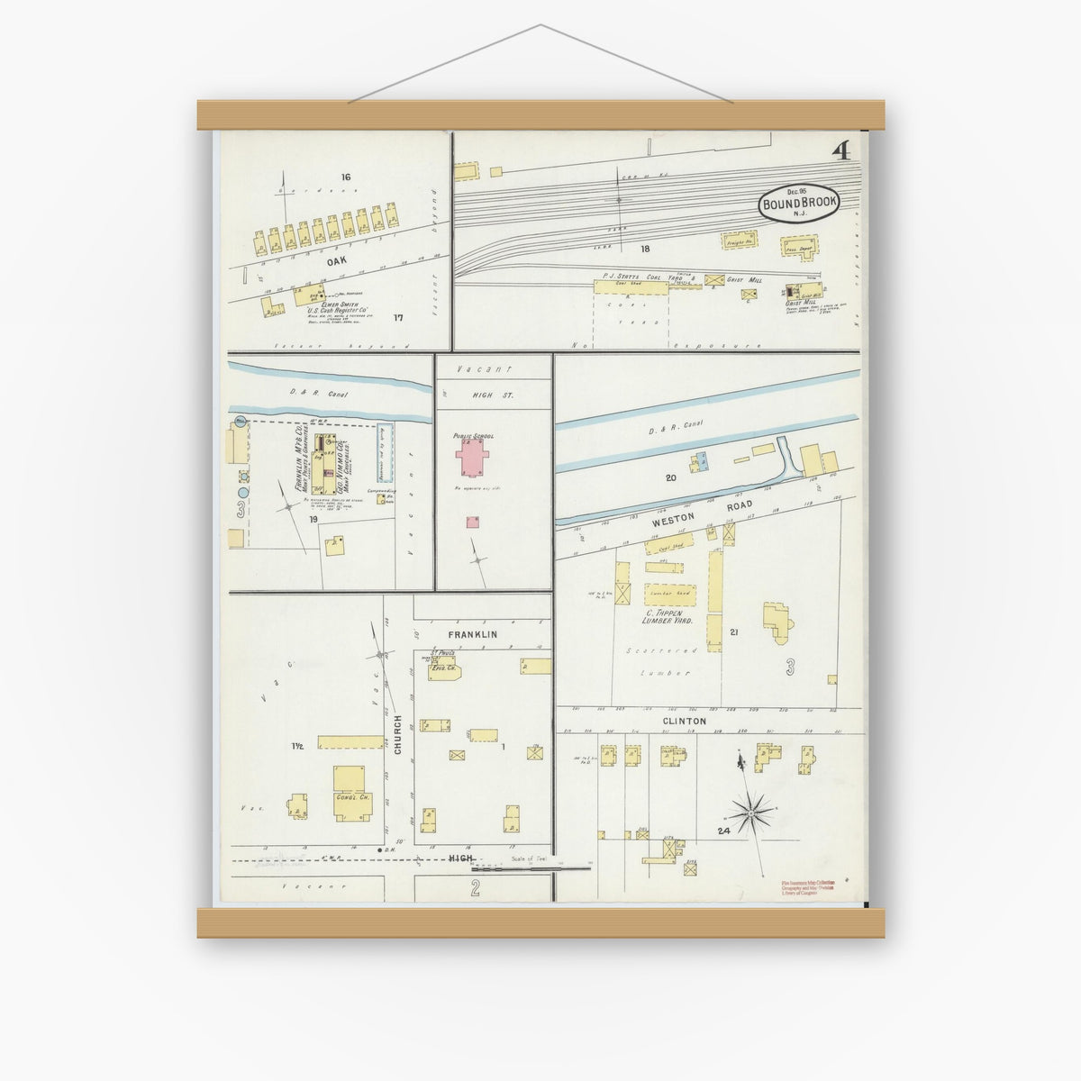 Old map wall art mockup — magnetic wood frame on white wall — Sanborn Fire Insurance Map from Bound Brook, Somerset County, New Jersey (1895), Sheet #0004