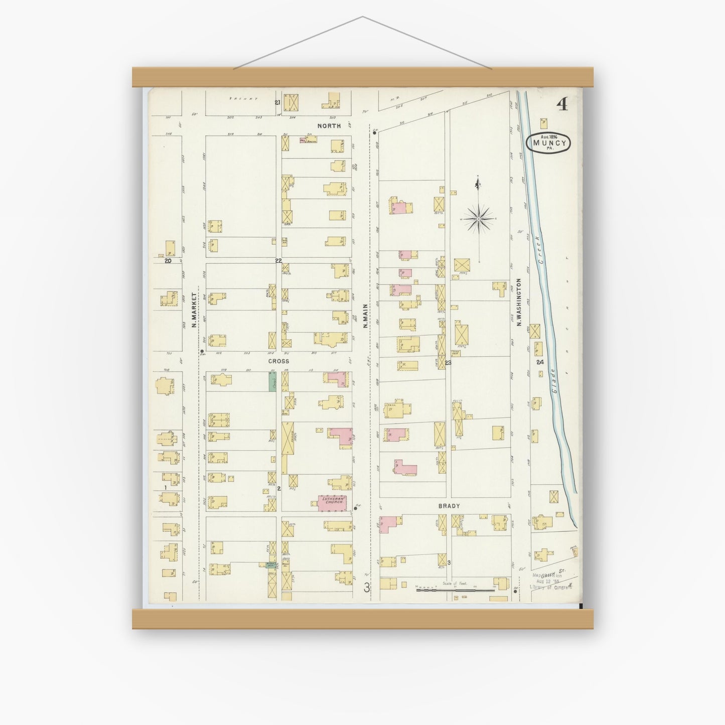 Old map wall art mockup — magnetic wood frame on white wall — Sanborn Fire Insurance Map from Muncy, Lycoming County, Pennsylvania (1896), Sheet #0004