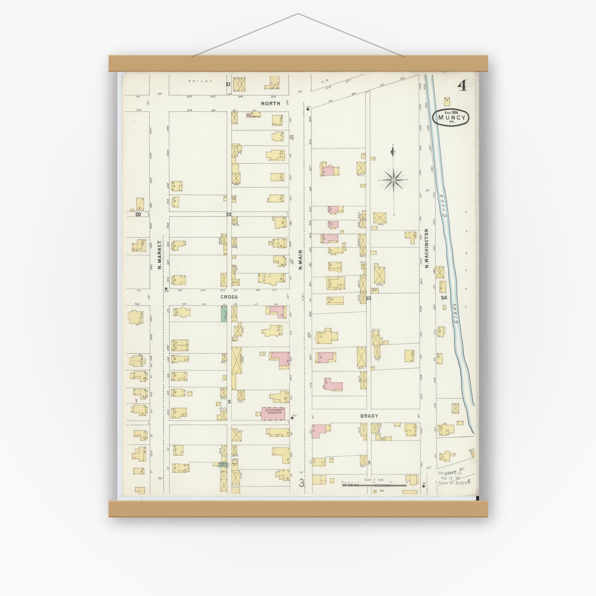 Old map wall art mockup — magnetic wood frame on white wall — Sanborn Fire Insurance Map from Muncy, Lycoming County, Pennsylvania (1896), Sheet #0004