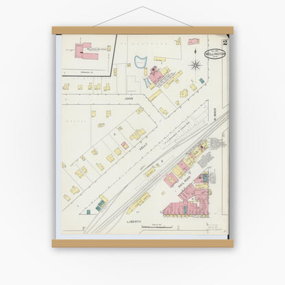 Old map wall art mockup — magnetic wood frame on white wall — Sanborn Fire Insurance Map from Wellington, Lorain County, Ohio (1893), Sheet #0002