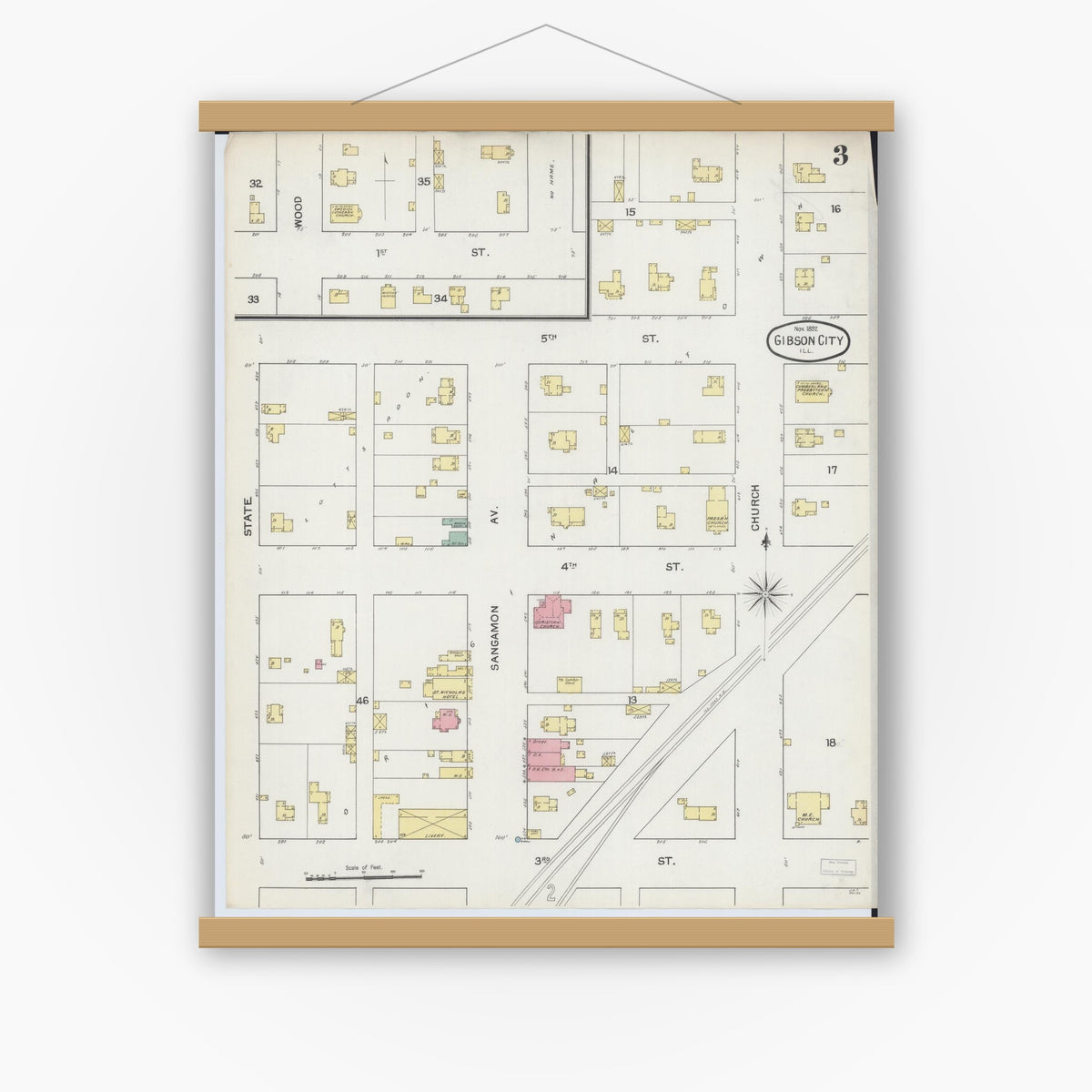 Old map wall art mockup — magnetic wood frame on white wall — Sanborn Fire Insurance Map from Gibson City, Ford County, Illinois (1892), Sheet #0003