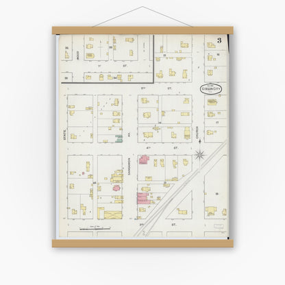 Old map wall art mockup — magnetic wood frame on white wall — Sanborn Fire Insurance Map from Gibson City, Ford County, Illinois (1892), Sheet #0003