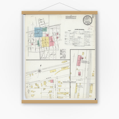 Old map wall art mockup — magnetic wood frame on white wall — Sanborn Fire Insurance Map from Sturgis, Saint Joseph County, Michigan (1895), Sheet #0001