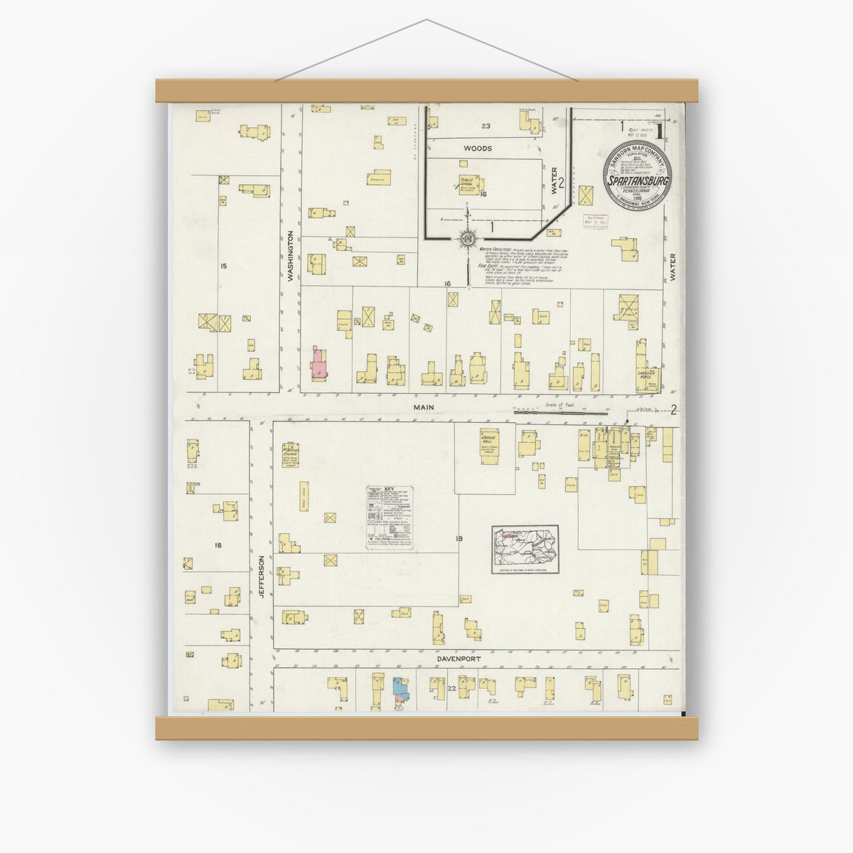 Old map wall art mockup — magnetic wood frame on white wall — Sanborn Fire Insurance Map from Spartansburg, Crawford County, Pennsylvania (1915), Sheet #0001