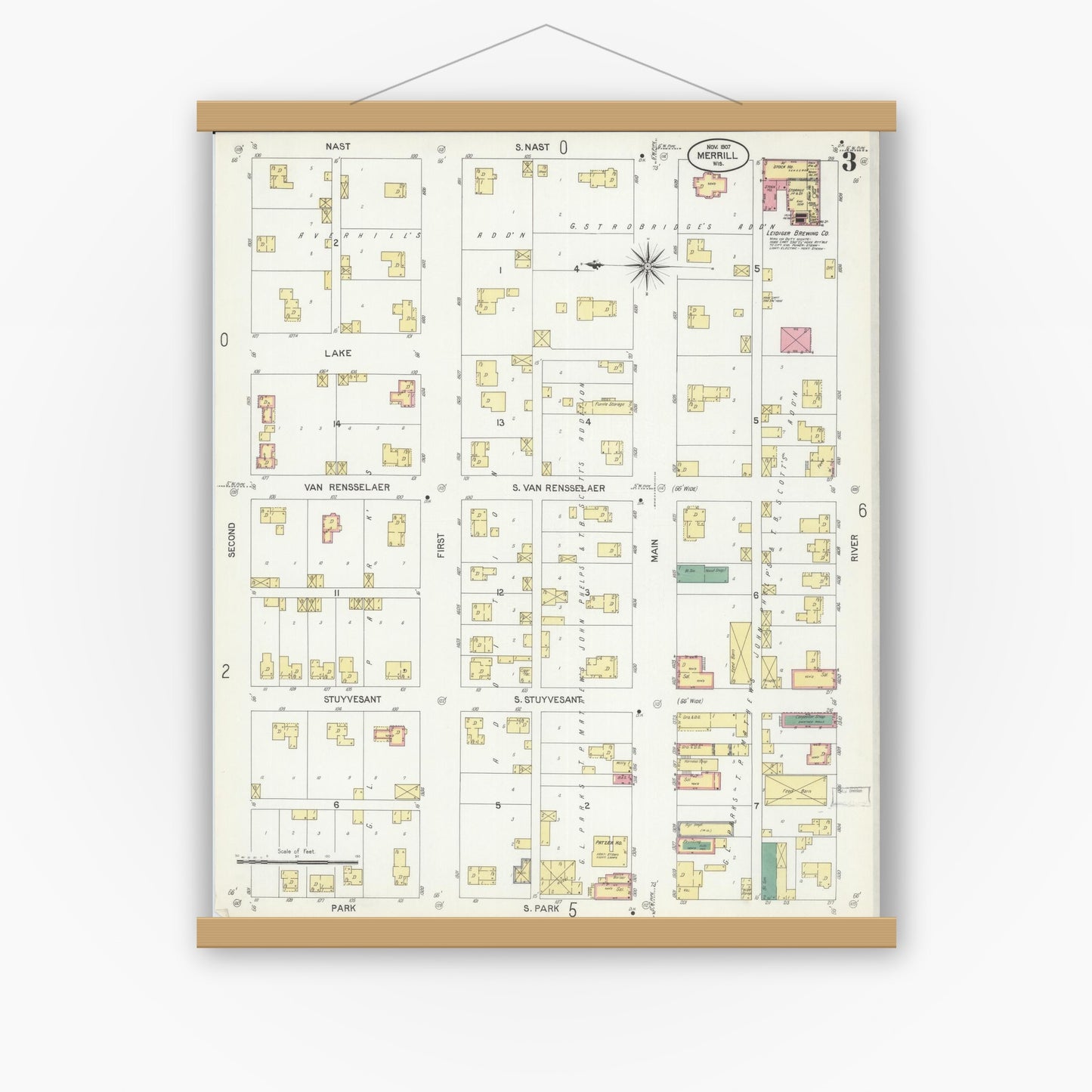 Old map wall art mockup — magnetic wood frame on white wall — Sanborn Fire Insurance Map from Merrill, Lincoln County, Wisconsin (1907), Sheet #0003