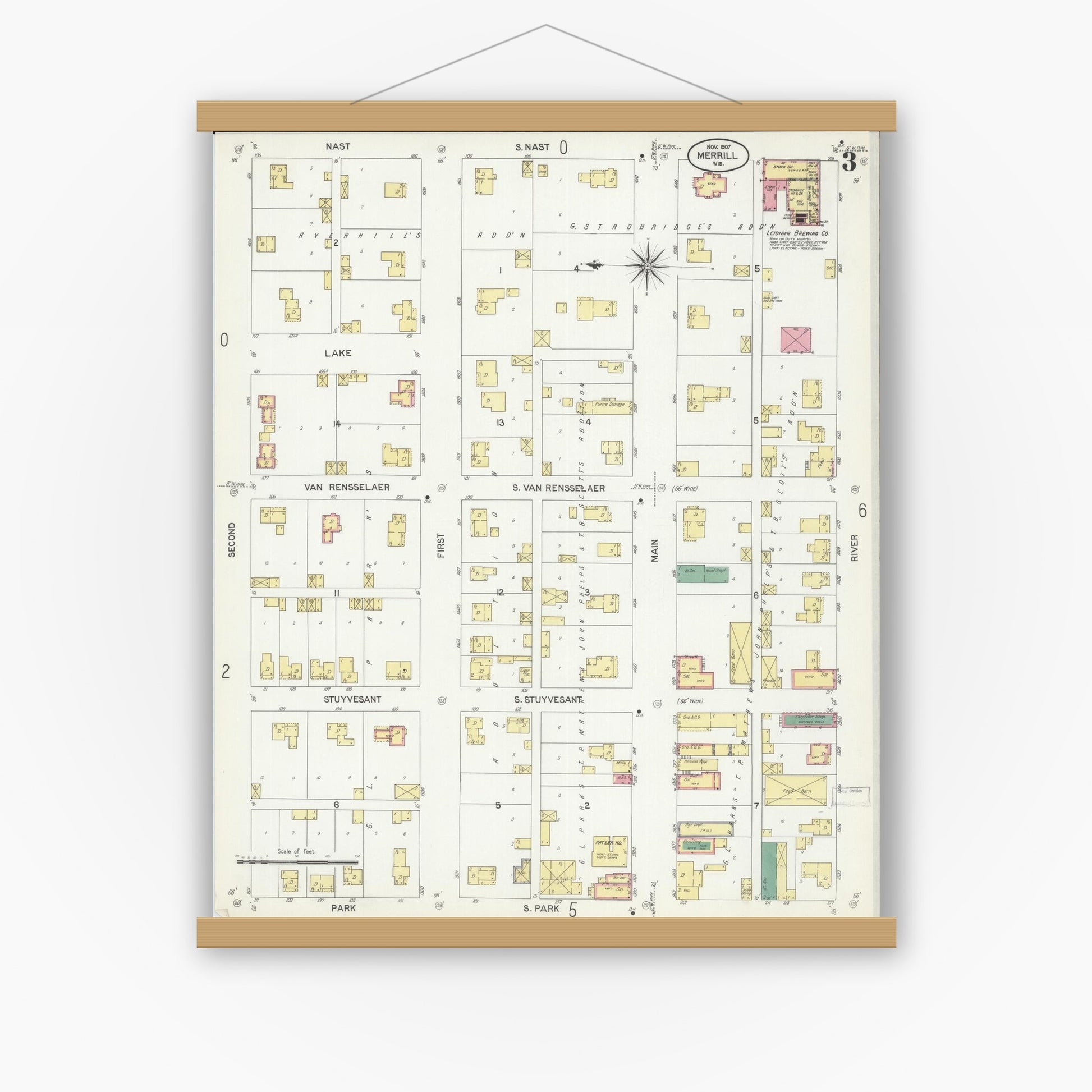Old map wall art mockup — magnetic wood frame on white wall — Sanborn Fire Insurance Map from Merrill, Lincoln County, Wisconsin (1907), Sheet #0003