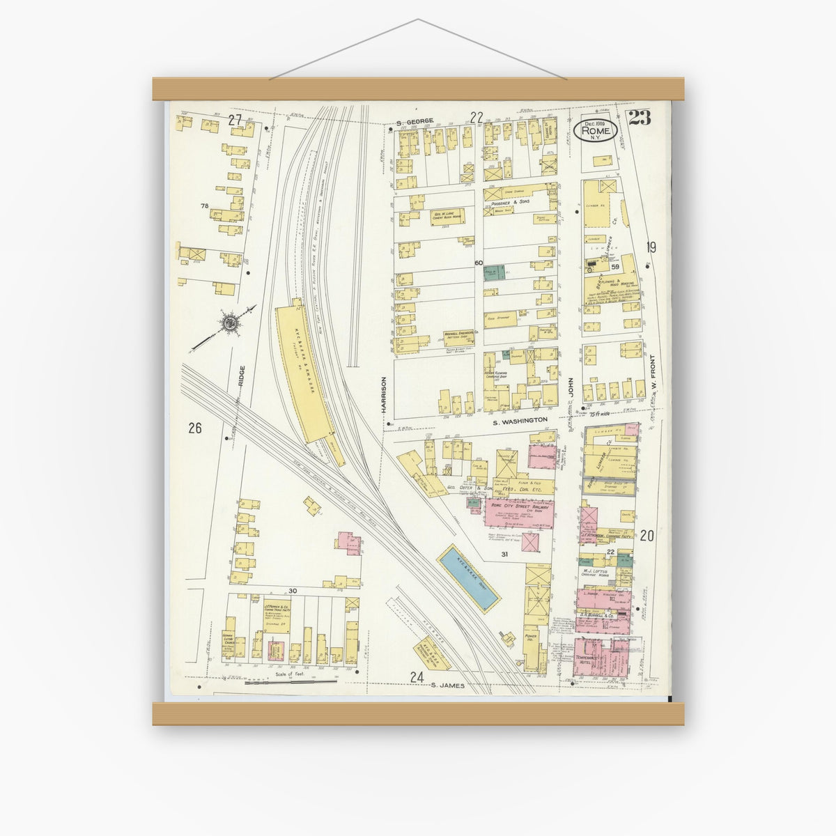 Old map wall art mockup — magnetic wood frame on white wall — Sanborn Fire Insurance Map from Rome, Oneida County, New York (1909), Sheet #0023