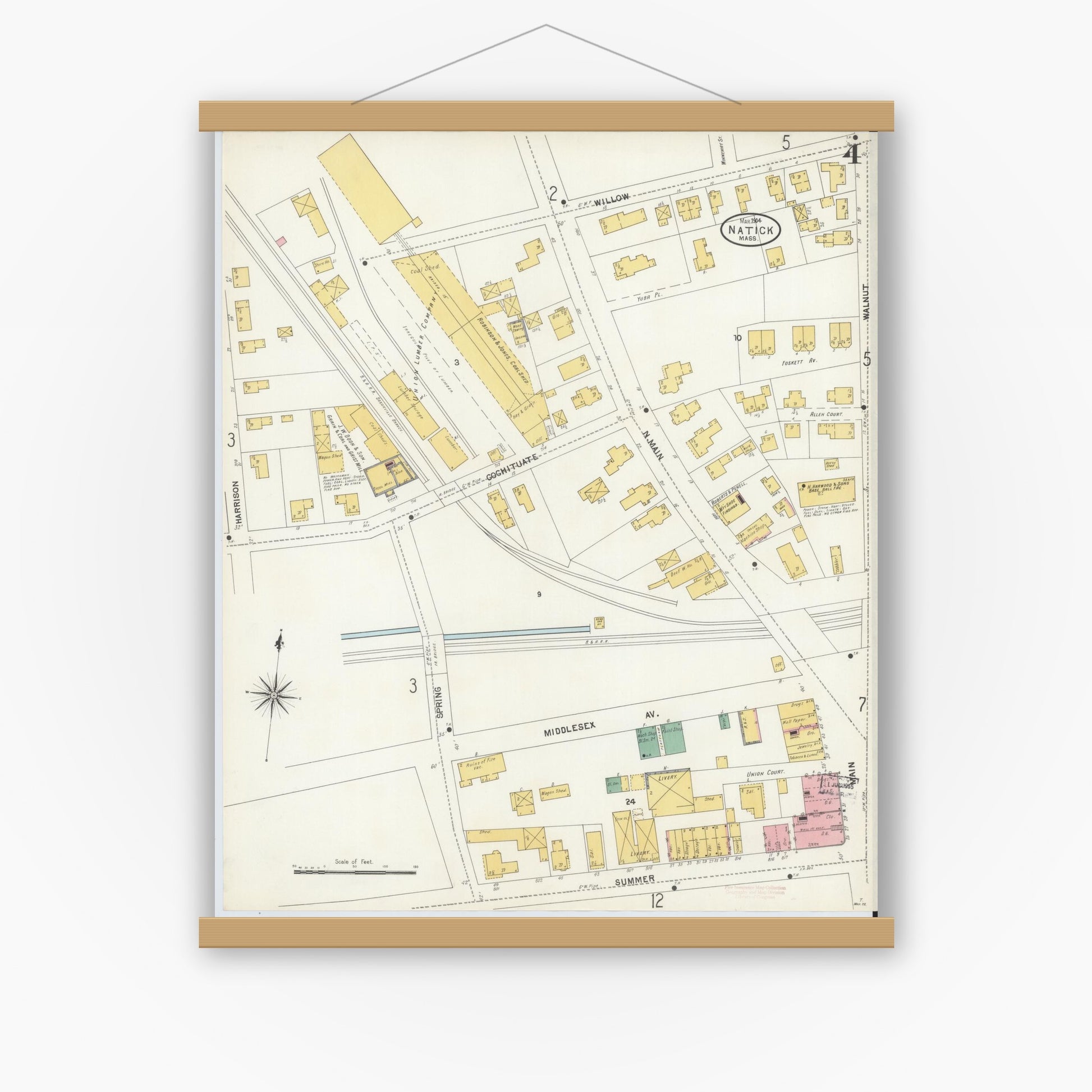 Old map wall art mockup — magnetic wood frame on white wall — Sanborn Fire Insurance Map from Natick, Middlesex County, Massachusetts (1904), Sheet #0004