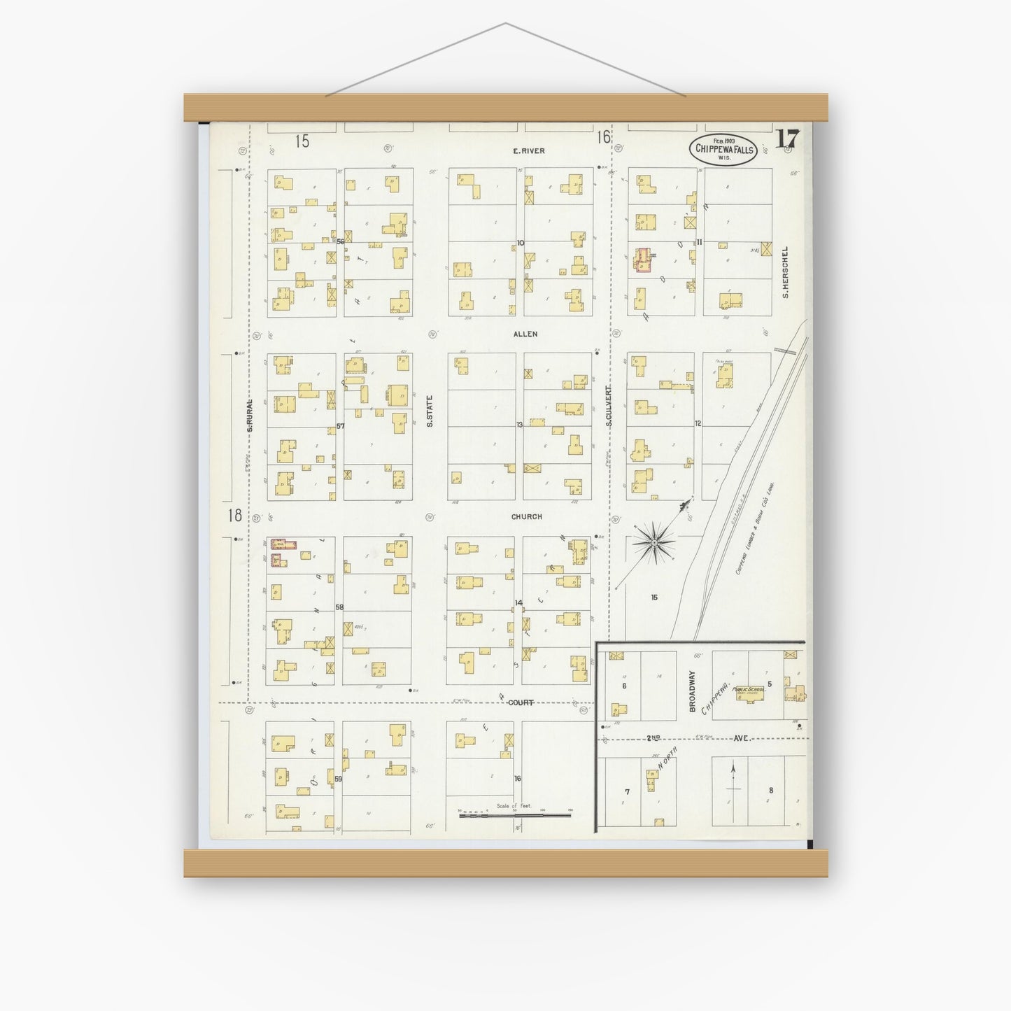 Old map wall art mockup — magnetic wood frame on white wall — Sanborn Fire Insurance Map from Chippewa Falls, Chippewa County, Wisconsin (1903), Sheet #0017