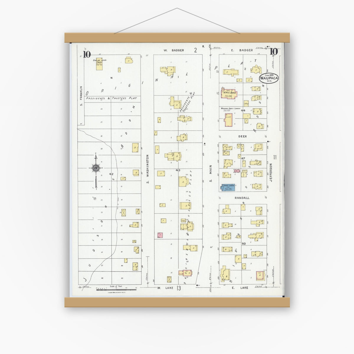 Old map wall art mockup — magnetic wood frame on white wall — Sanborn Fire Insurance Map from Waupaca, Waupaca County, Wisconsin (1924), Sheet #0010