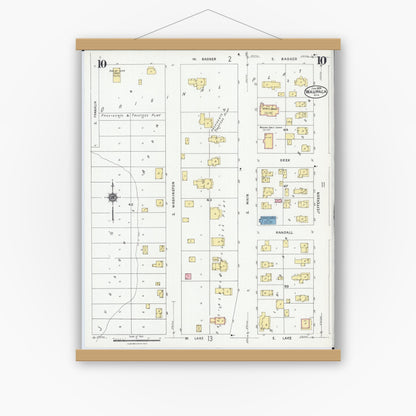 Old map wall art mockup — magnetic wood frame on white wall — Sanborn Fire Insurance Map from Waupaca, Waupaca County, Wisconsin (1924), Sheet #0010