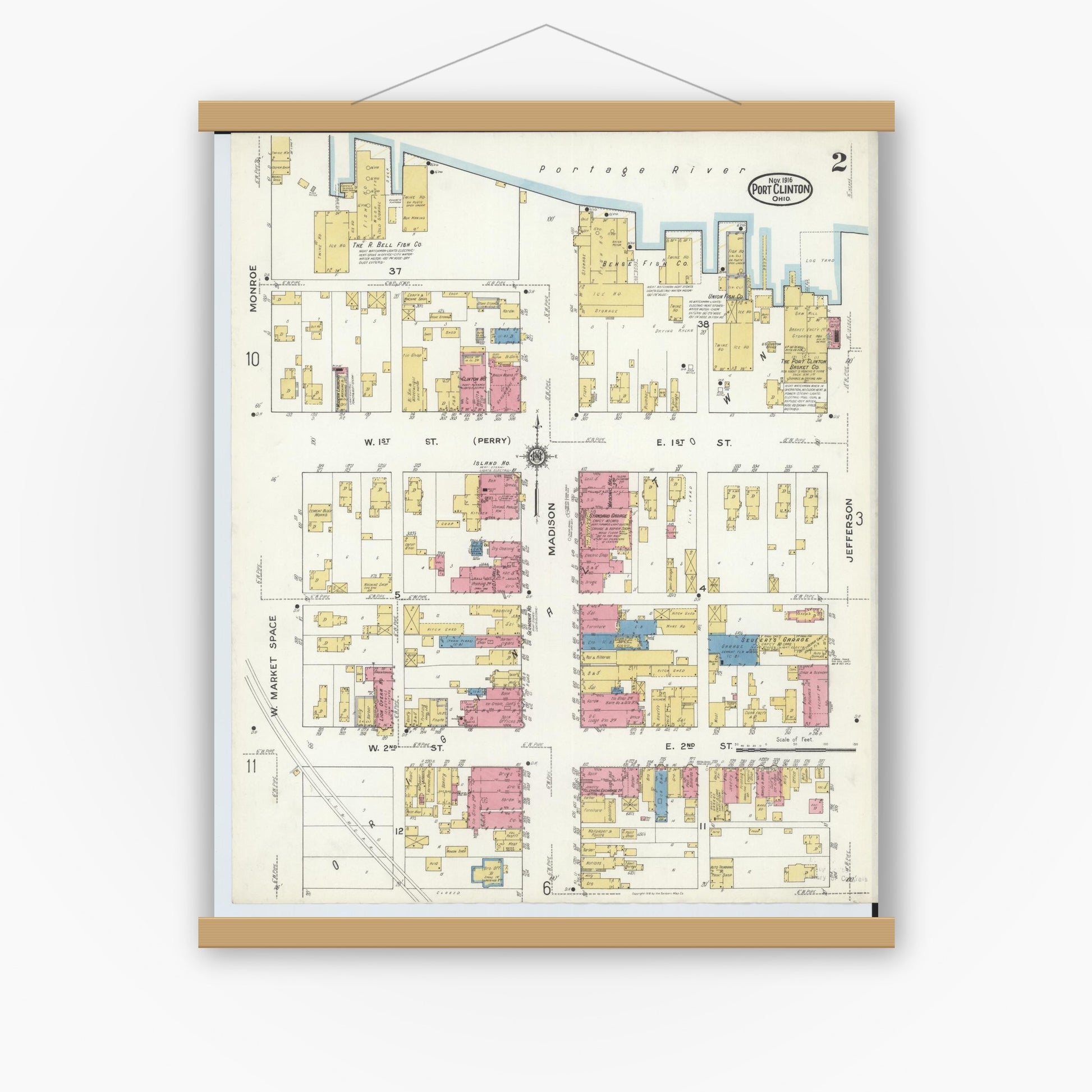 Old map wall art mockup — magnetic wood frame on white wall — Sanborn Fire Insurance Map from Port Clinton, Ottawa County, Ohio (1916), Sheet #0002