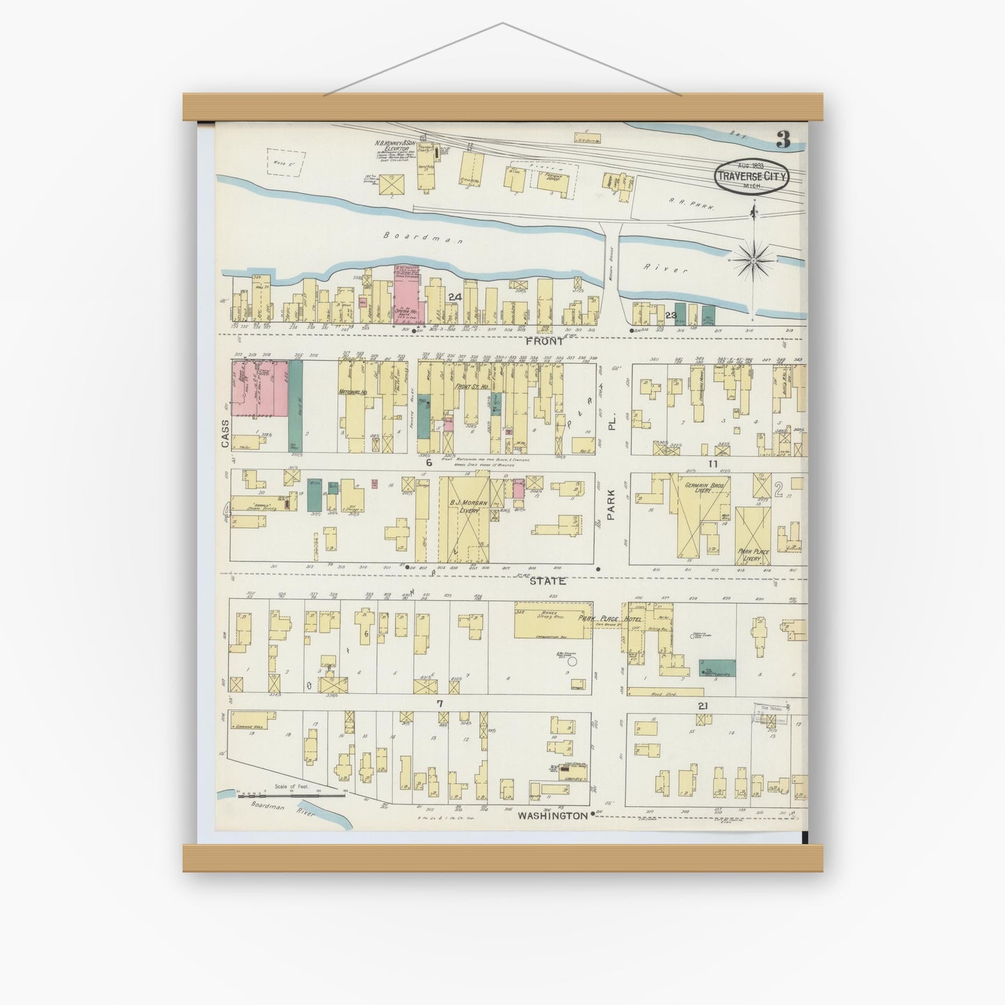 Old map wall art mockup — magnetic wood frame on white wall — Sanborn Fire Insurance Map from Traverse City, Grand Traverse County, Michigan (1893), Sheet #0003