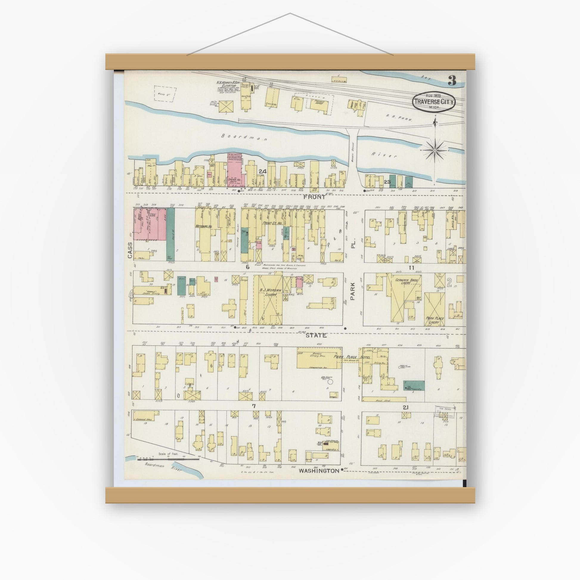 Old map wall art mockup — magnetic wood frame on white wall — Sanborn Fire Insurance Map from Traverse City, Grand Traverse County, Michigan (1893), Sheet #0003
