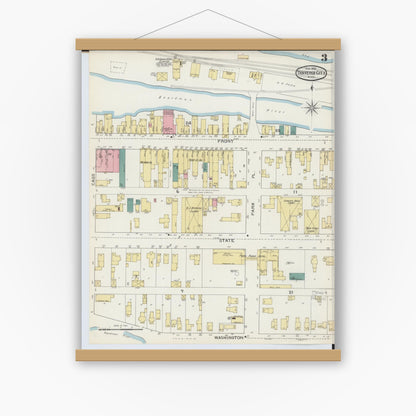 Old map wall art mockup — magnetic wood frame on white wall — Sanborn Fire Insurance Map from Traverse City, Grand Traverse County, Michigan (1893), Sheet #0003