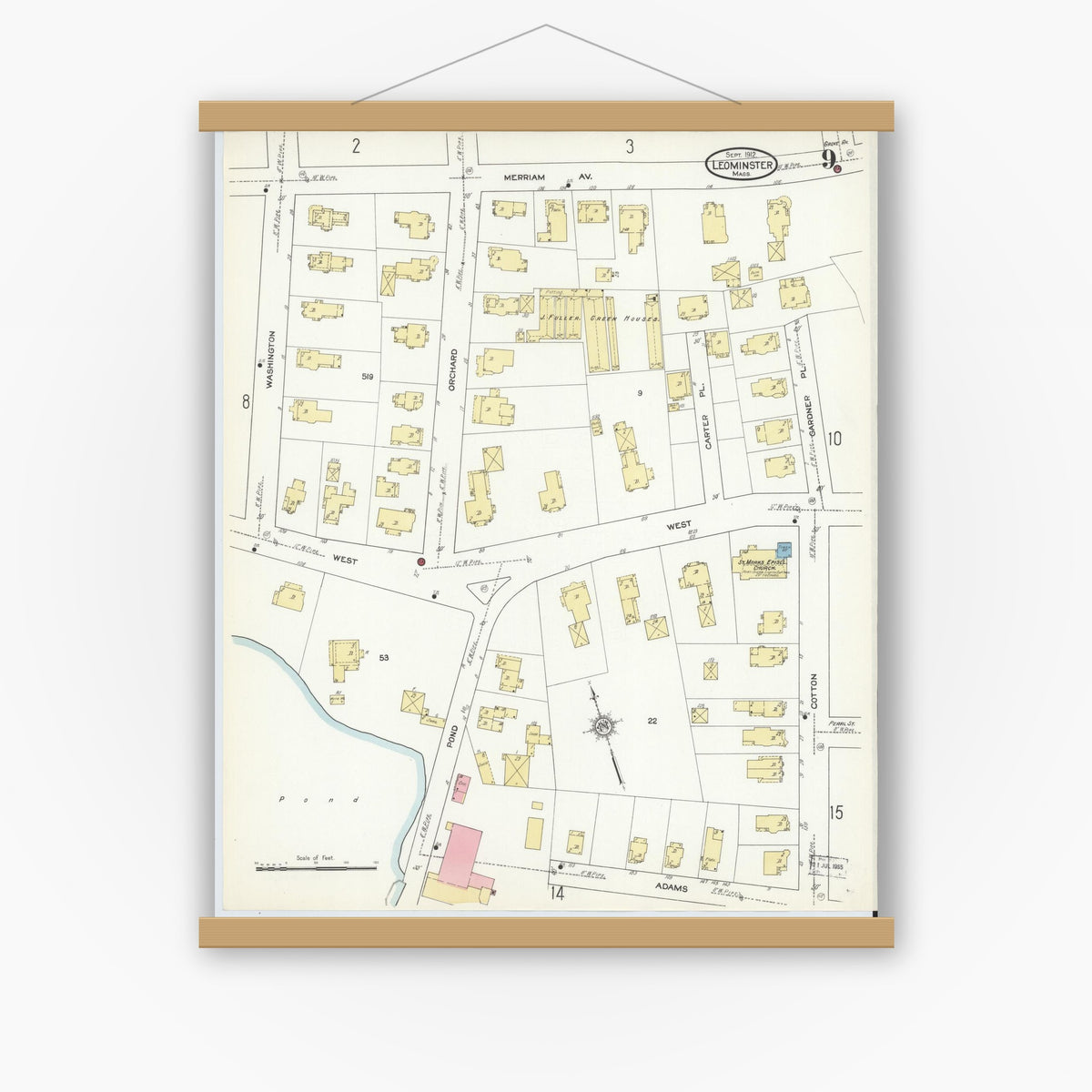 Old map wall art mockup — magnetic wood frame on white wall — Sanborn Fire Insurance Map from Leominster, Worcester County, Massachusetts (1912), Sheet #0009
