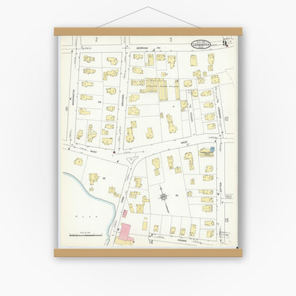 Old map wall art mockup — magnetic wood frame on white wall — Sanborn Fire Insurance Map from Leominster, Worcester County, Massachusetts (1912), Sheet #0009