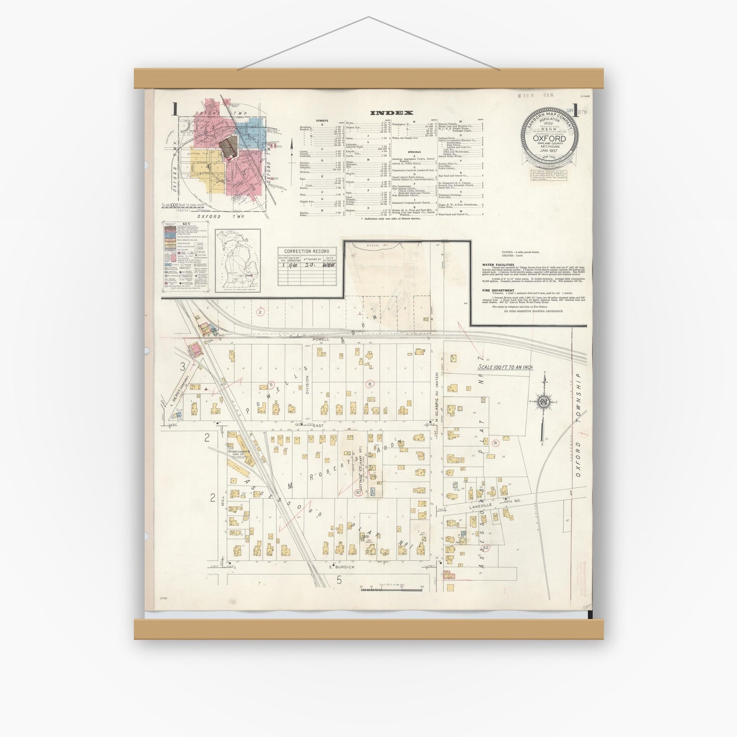 Old map wall art mockup — magnetic wood frame on white wall — Sanborn Fire Insurance Map from Oxford, Oakland County, Michigan (1945) - Complete Map Set