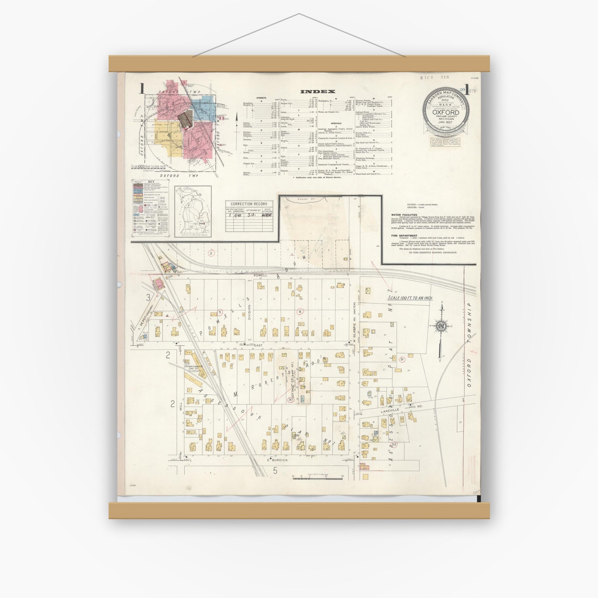 Old map wall art mockup — magnetic wood frame on white wall — Sanborn Fire Insurance Map from Oxford, Oakland County, Michigan (1945) - Complete Map Set
