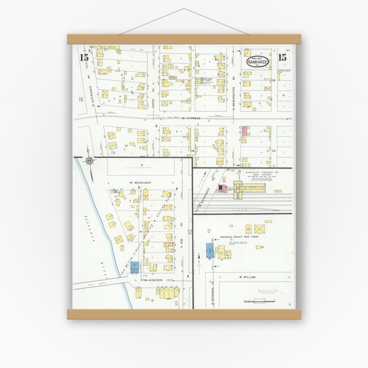Old map wall art mockup — magnetic wood frame on white wall — Sanborn Fire Insurance Map from Kankakee, Kankakee County, Illinois (1930), Sheet #0015