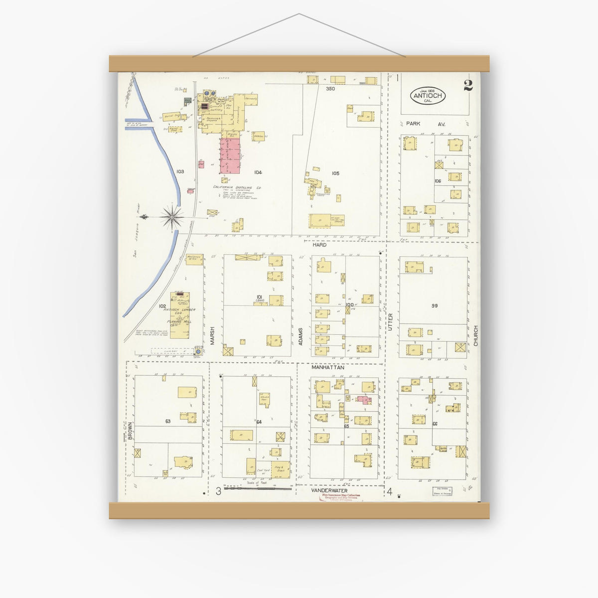 Old map wall art mockup — magnetic wood frame on white wall — Sanborn Fire Insurance Map from Antioch, Contra Costa County, California (1908), Sheet #0002