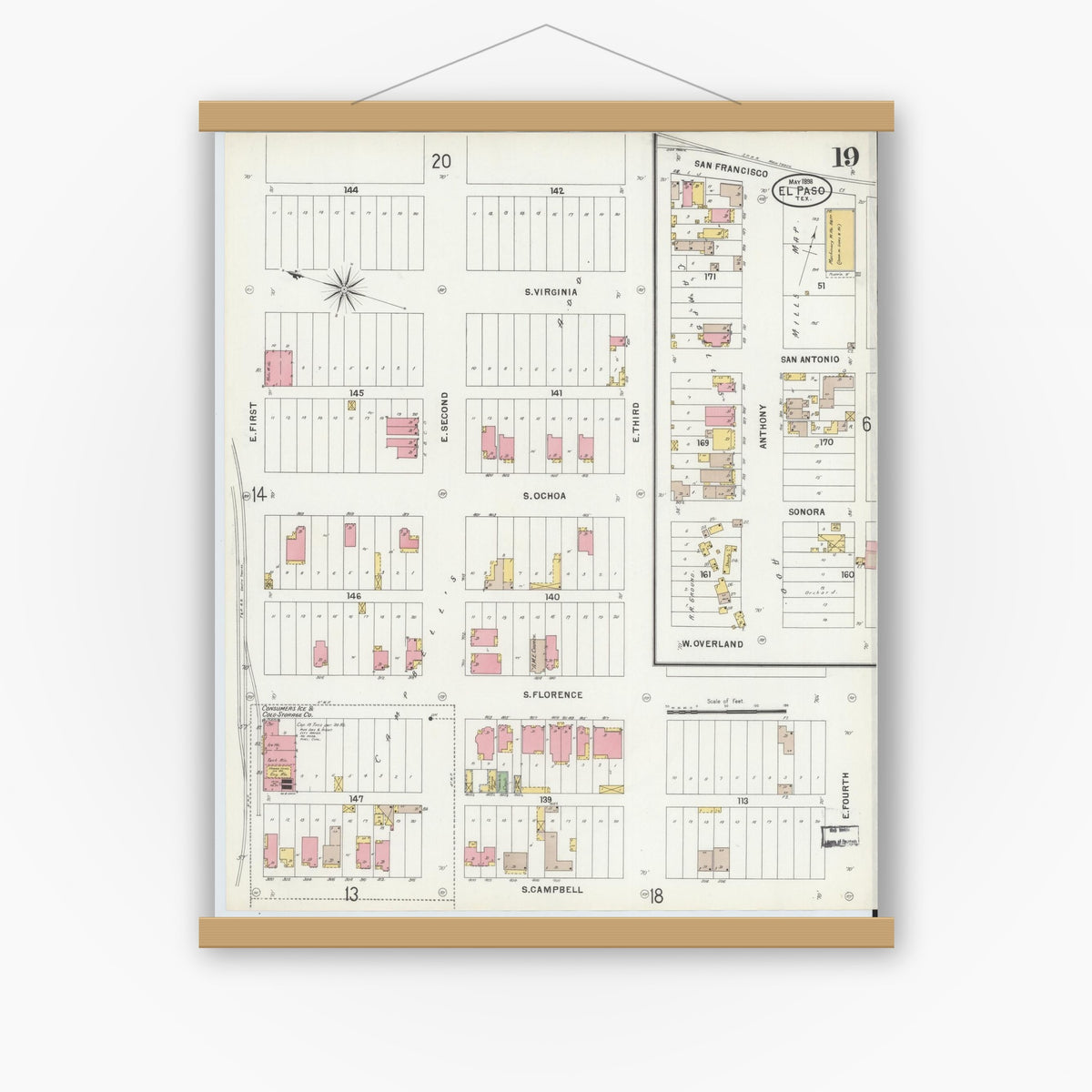 Old map wall art mockup — magnetic wood frame on white wall — Sanborn Fire Insurance Map from El Paso, El Paso County, Texas (1898), Sheet #0019