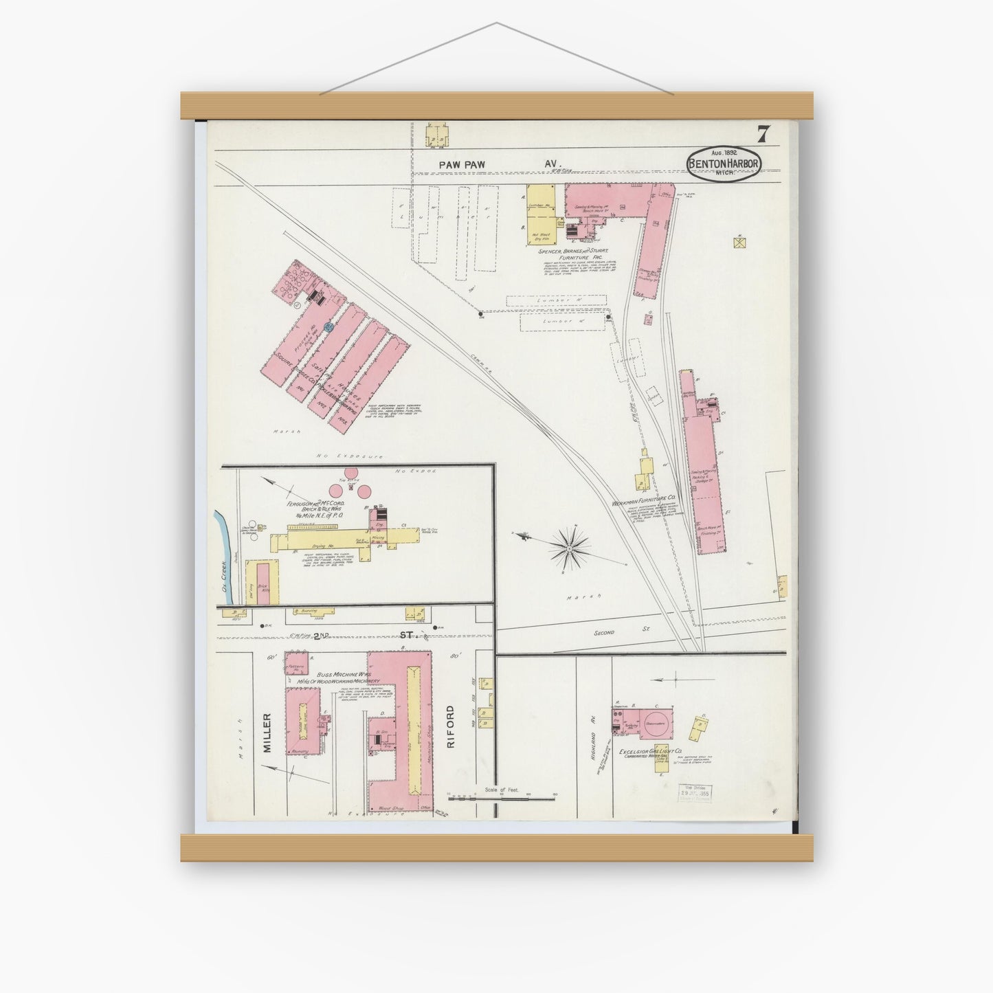 Old map wall art mockup — magnetic wood frame on white wall — Sanborn Fire Insurance Map from Benton Harbor, Berrien County, Michigan (1892), Sheet #0007