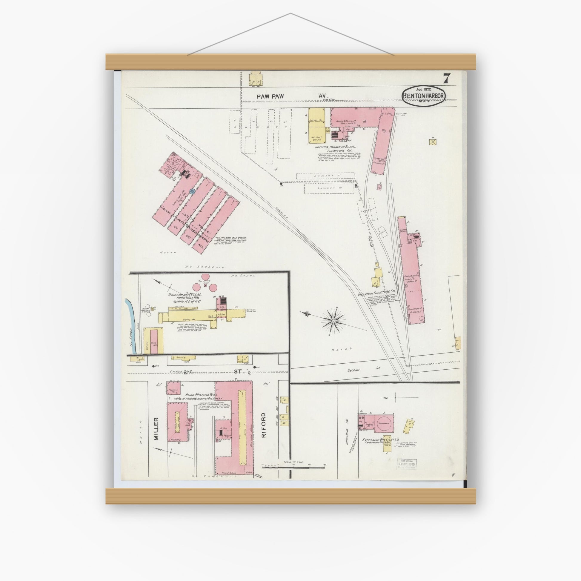 Old map wall art mockup — magnetic wood frame on white wall — Sanborn Fire Insurance Map from Benton Harbor, Berrien County, Michigan (1892), Sheet #0007