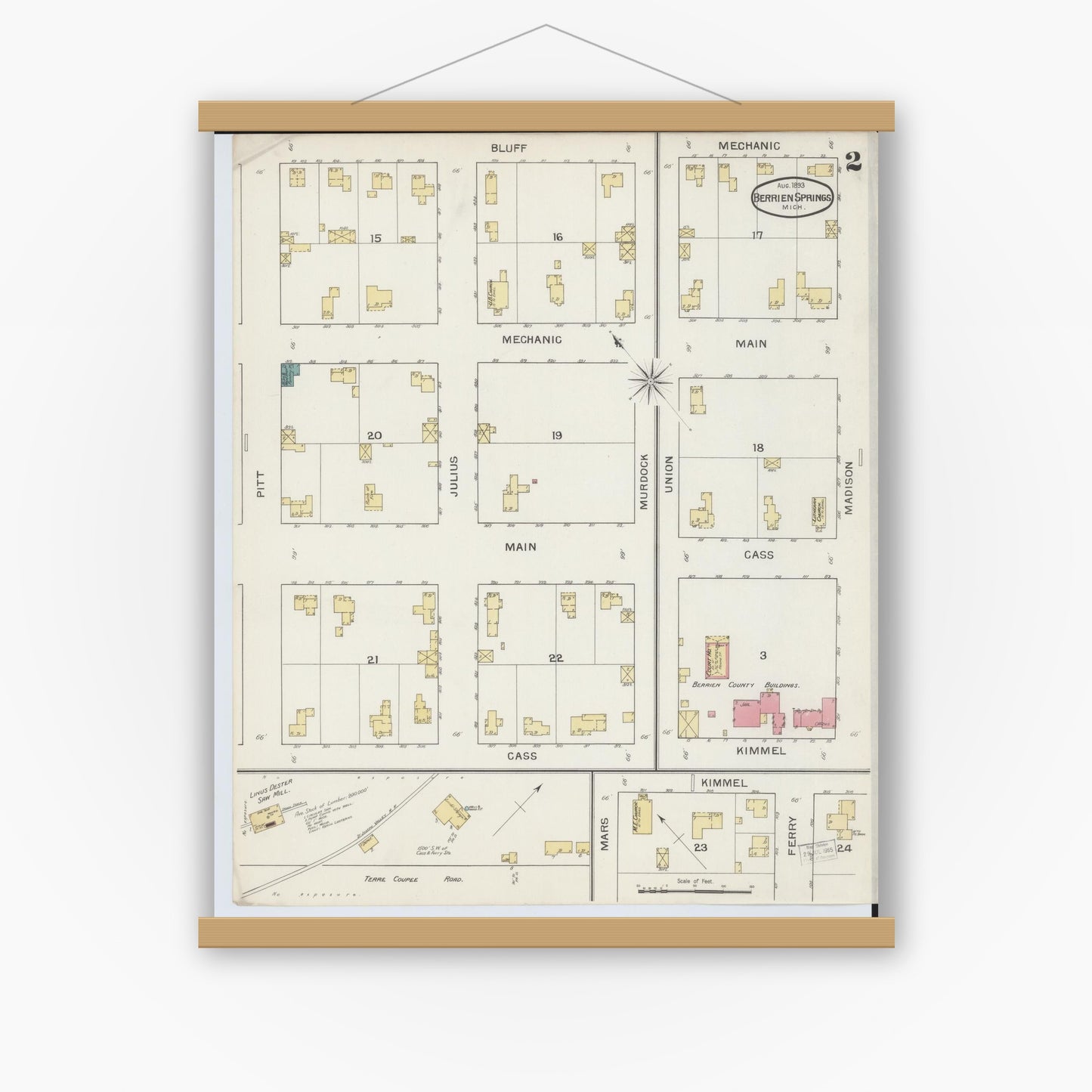 Old map wall art mockup — magnetic wood frame on white wall — Sanborn Fire Insurance Map from Berrien Springs, Berrien County, Michigan (1893), Sheet #0002