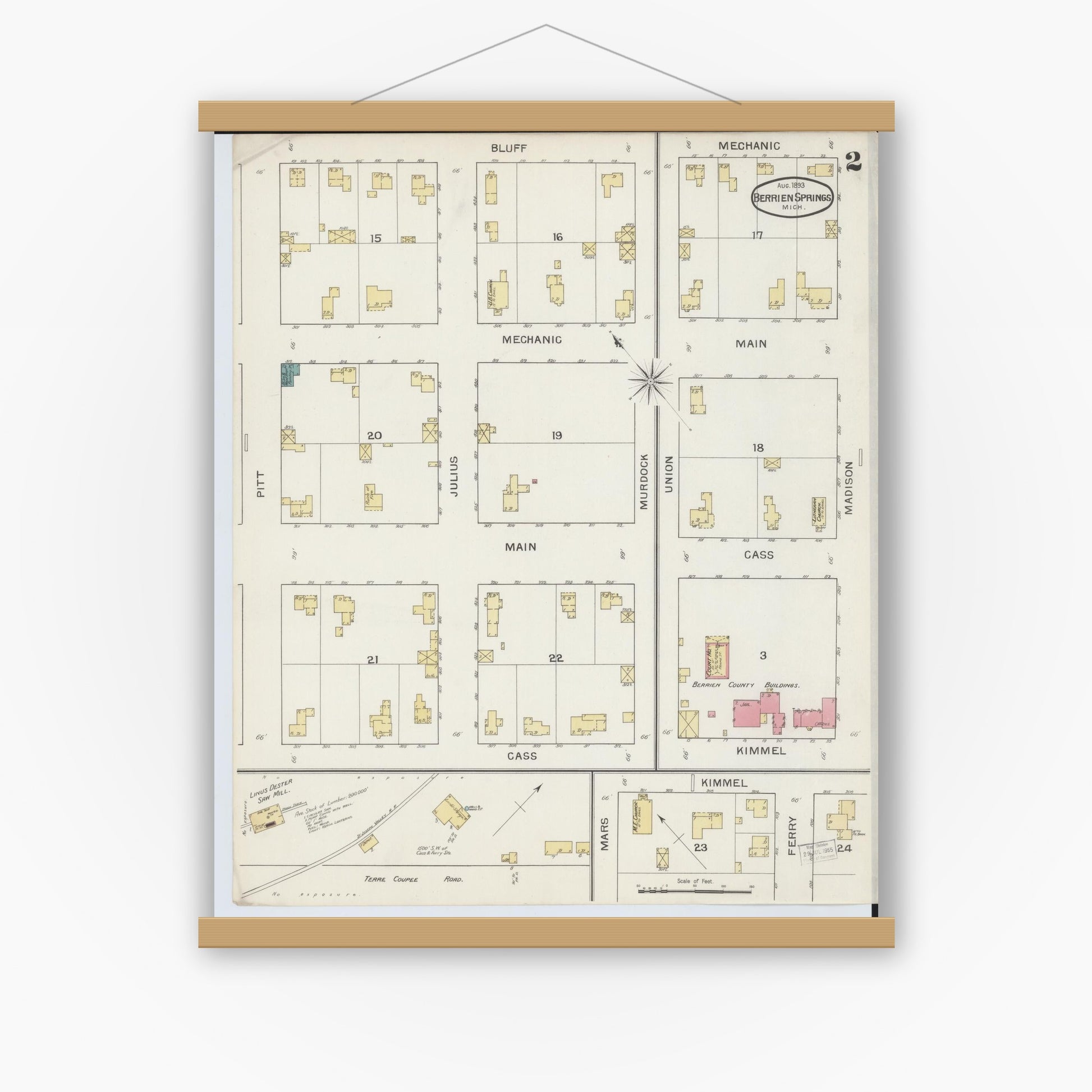 Old map wall art mockup — magnetic wood frame on white wall — Sanborn Fire Insurance Map from Berrien Springs, Berrien County, Michigan (1893), Sheet #0002