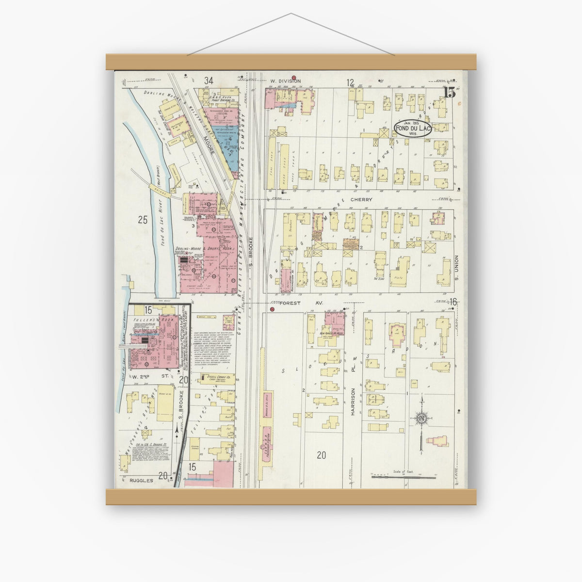 Old map wall art mockup — magnetic wood frame on white wall — Sanborn Fire Insurance Map from Fond du Lac, Fond du Lac County, Wisconsin (1915), Sheet #0015