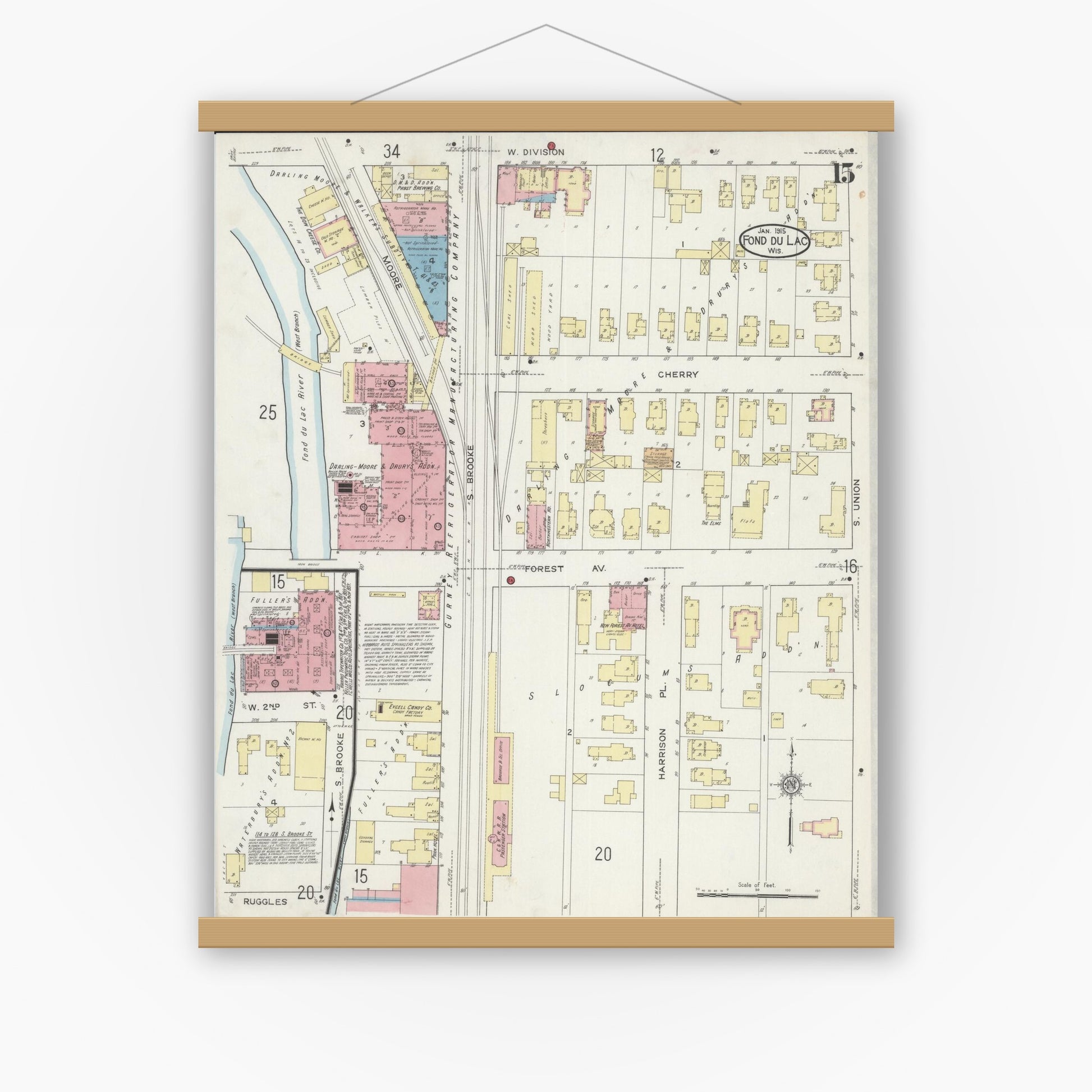 Old map wall art mockup — magnetic wood frame on white wall — Sanborn Fire Insurance Map from Fond du Lac, Fond du Lac County, Wisconsin (1915), Sheet #0015