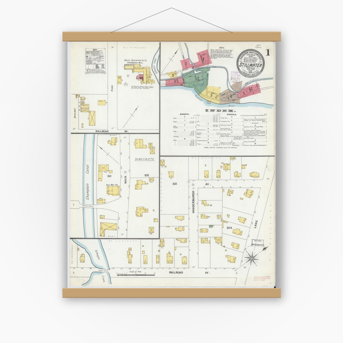 Old map wall art mockup — magnetic wood frame on white wall — Sanborn Fire Insurance Map from Stillwater, Saratoga County, New York (1902), Sheet #0001