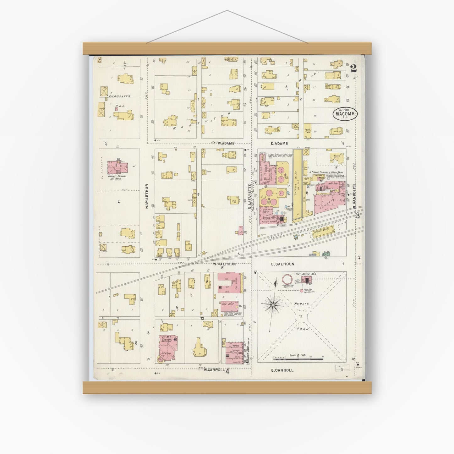 Old map wall art mockup — magnetic wood frame on white wall — Sanborn Fire Insurance Map from Macomb, Mcdonough County, Illinois (1898), Sheet #0002
