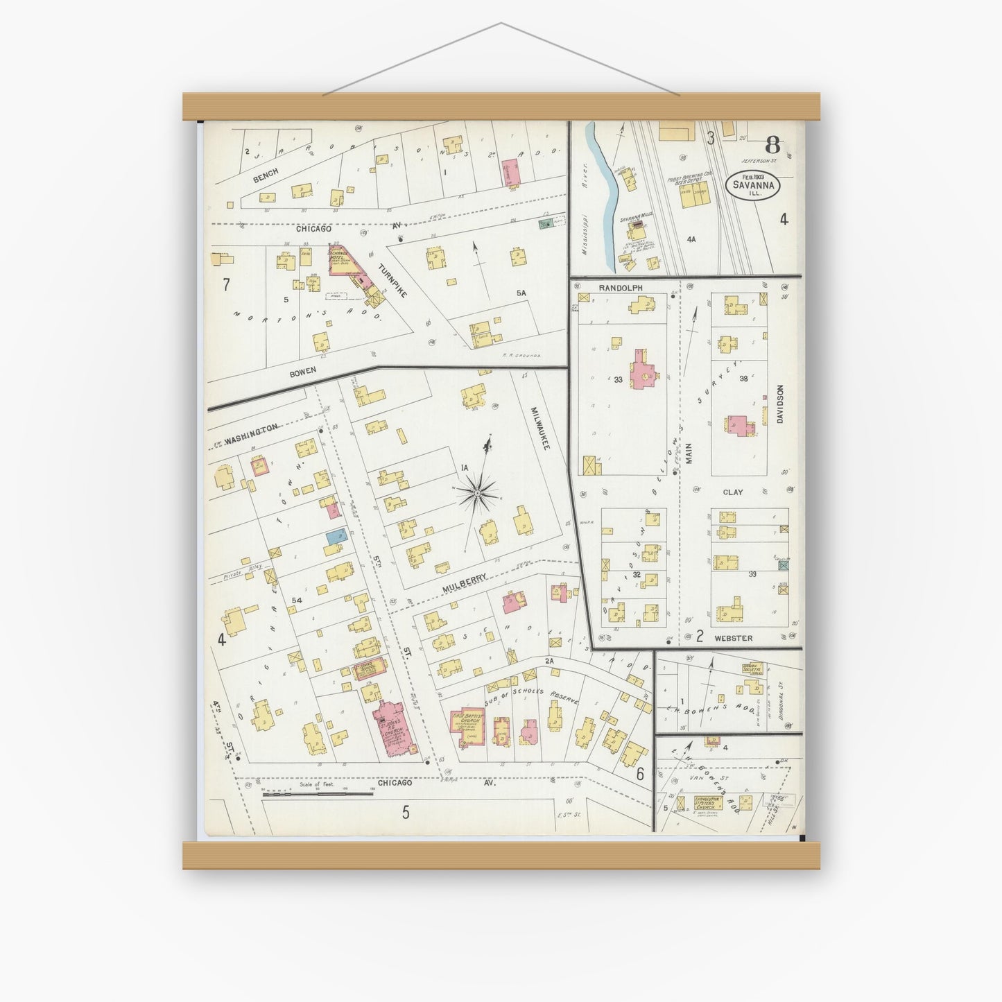 Old map wall art mockup — magnetic wood frame on white wall — Sanborn Fire Insurance Map from Savanna, Carroll County, Illinois (1903), Sheet #0008