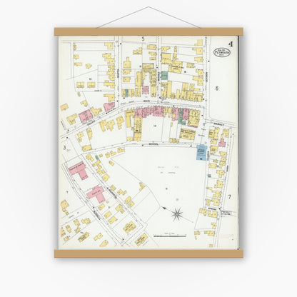 Old map wall art mockup — magnetic wood frame on white wall — Sanborn Fire Insurance Map from Plymouth, Plymouth County, Massachusetts (1901), Sheet #0004